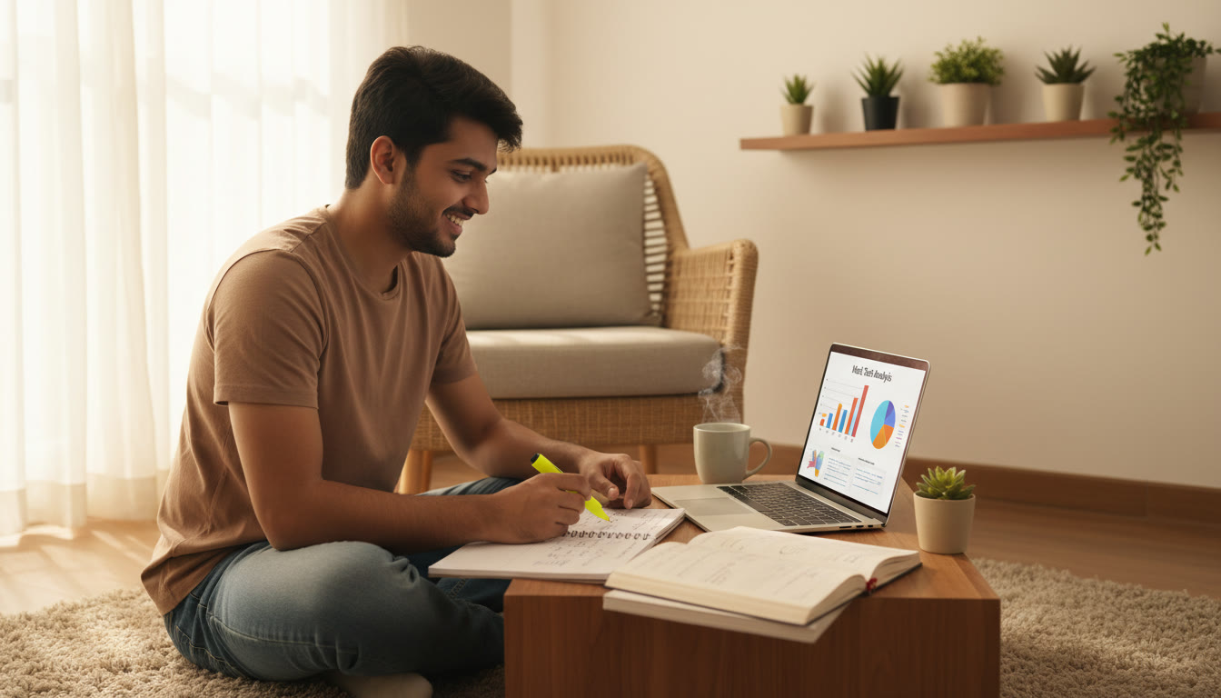 Photo Idea : A student reviewing mock test analytics on a laptop, notes and a highlighter nearby