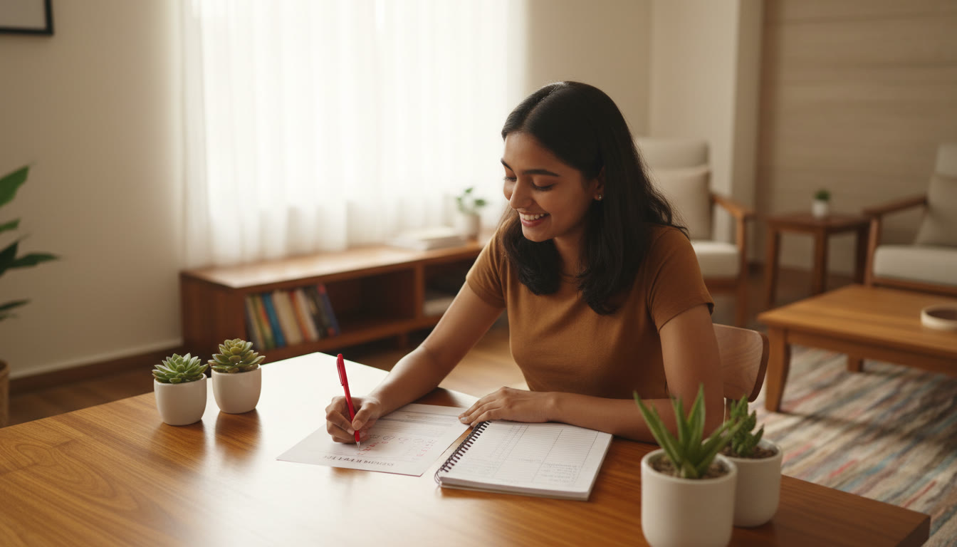 Photo Idea : A student marking a mock test with a red pen, making notes in an error log