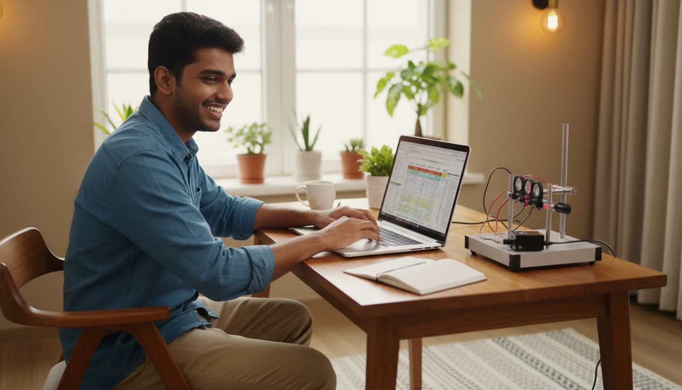 Photo Idea : A student analyzing experimental data on a laptop with a physics lab apparatus nearby