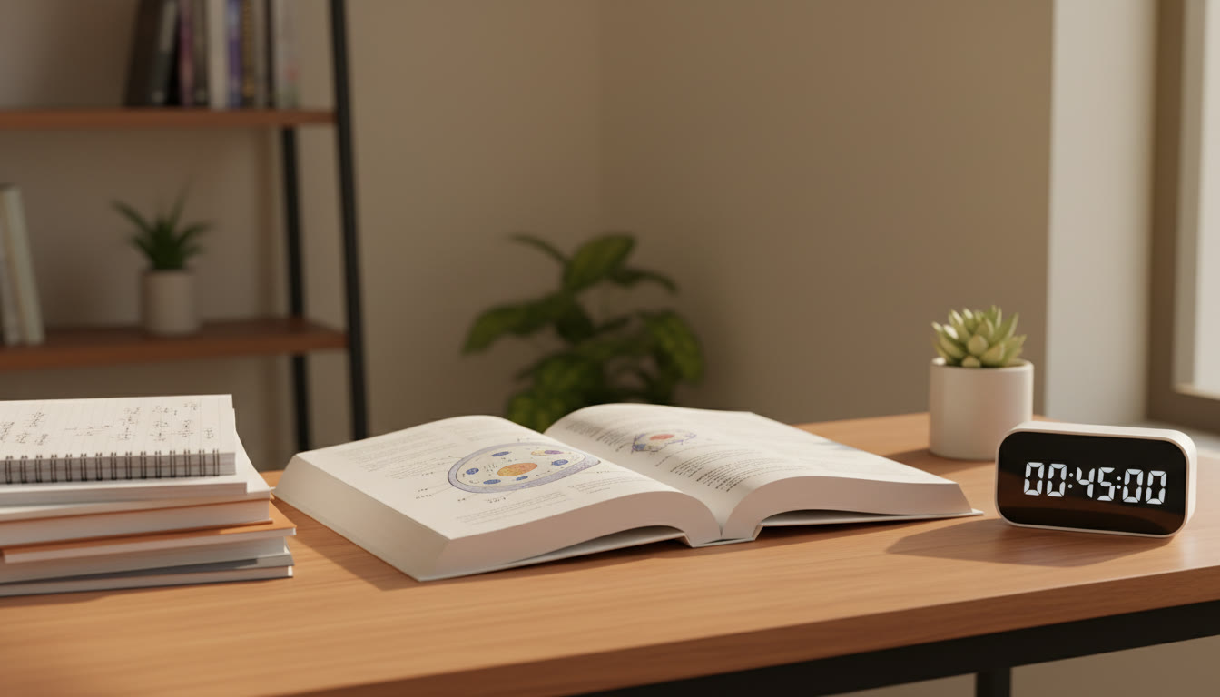 Photo Idea : A student’s desk with neatly arranged science notes, a textbook open to a labeled diagram, and a timer on the side