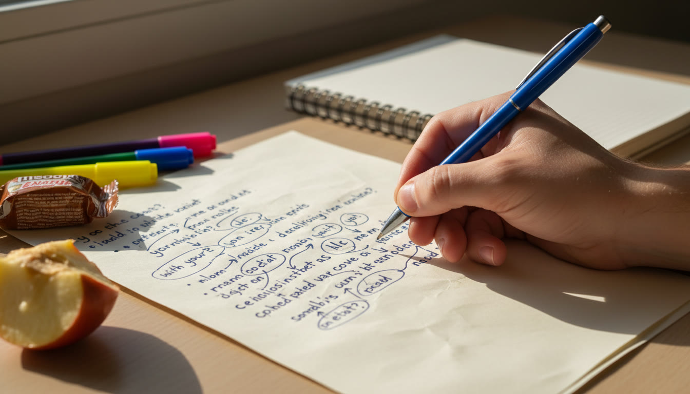 Photo Idea : A close-up of a hand writing a paragraph on paper with connecting arrows drawn between sentences
