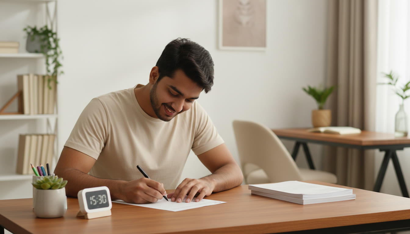 Photo Idea : A calm exam hall scene with a student filling an OMR sheet carefully while a timer shows remaining minutes