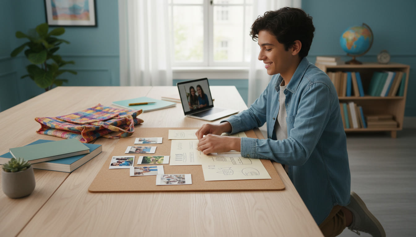Photo Idea : Student arranging a small selection of photos and handwritten logs on a tidy desk