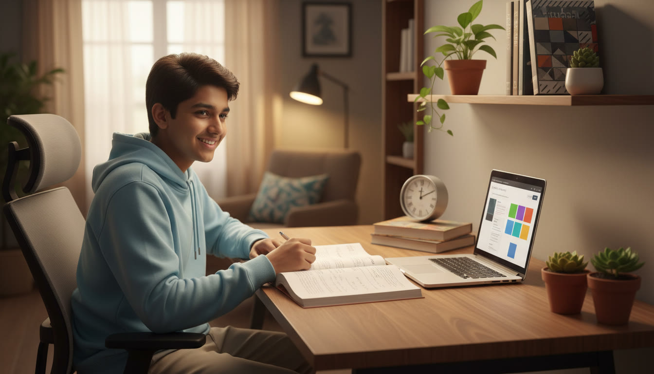 Photo Idea : A focused student at a desk with open physics and math books, a clock showing time, and a laptop displaying a mock test interface