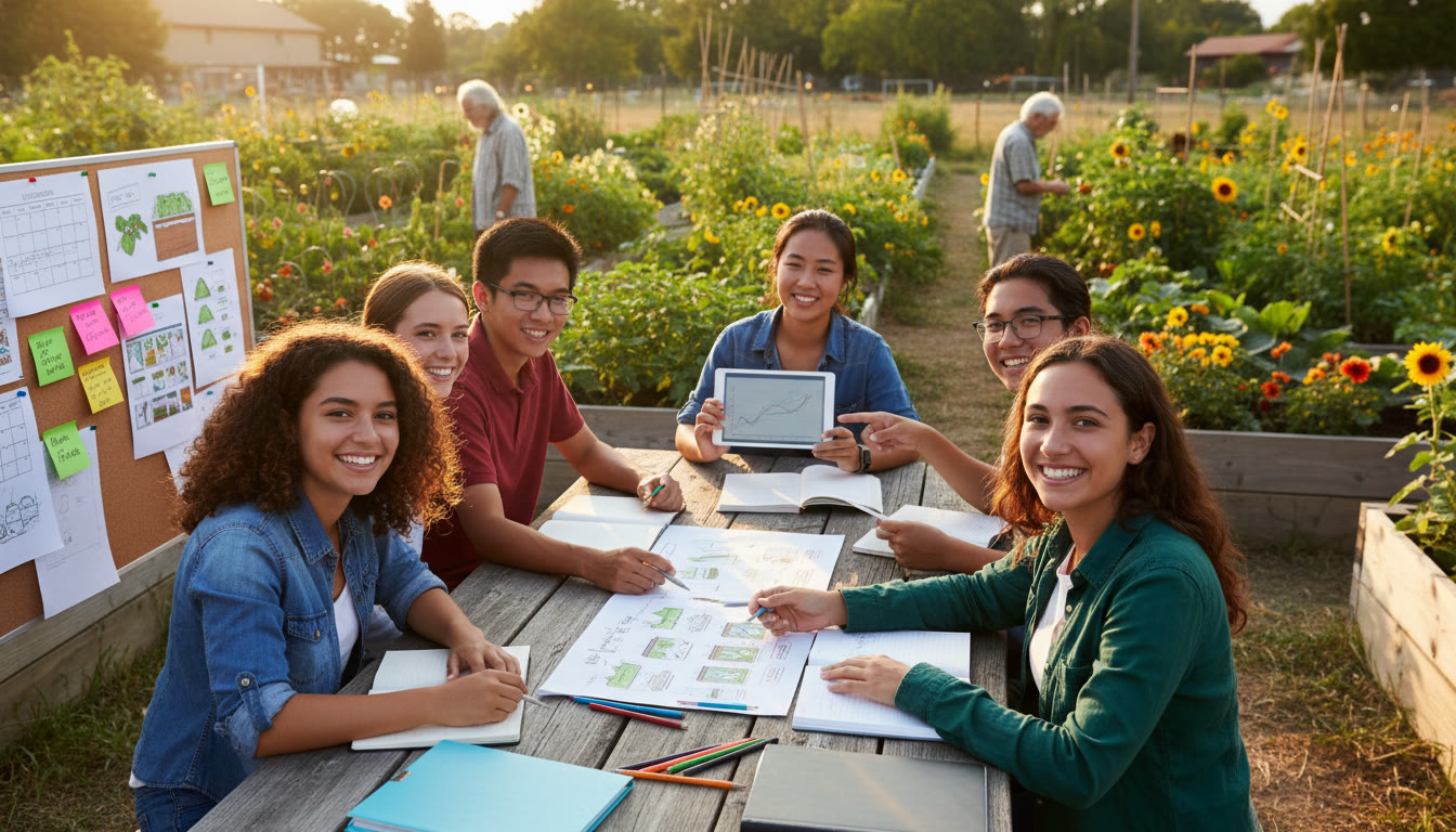 Photo Idea : Diverse student group planning a CAS project around a community garden, reviewing notes and schedules.