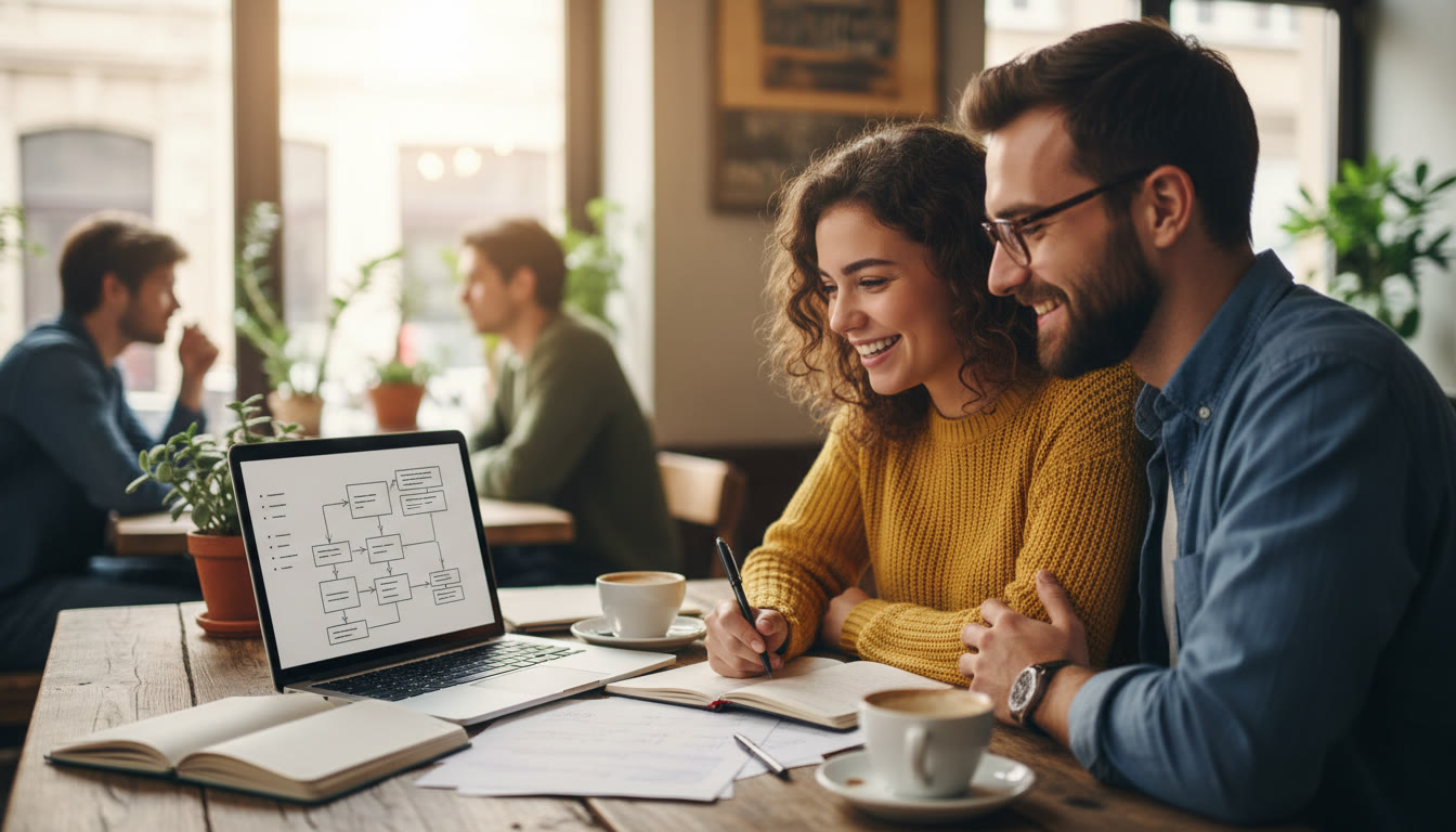 Photo Idea : A student and supervisor discussing notes at a café table, with a laptop open to a research outline
