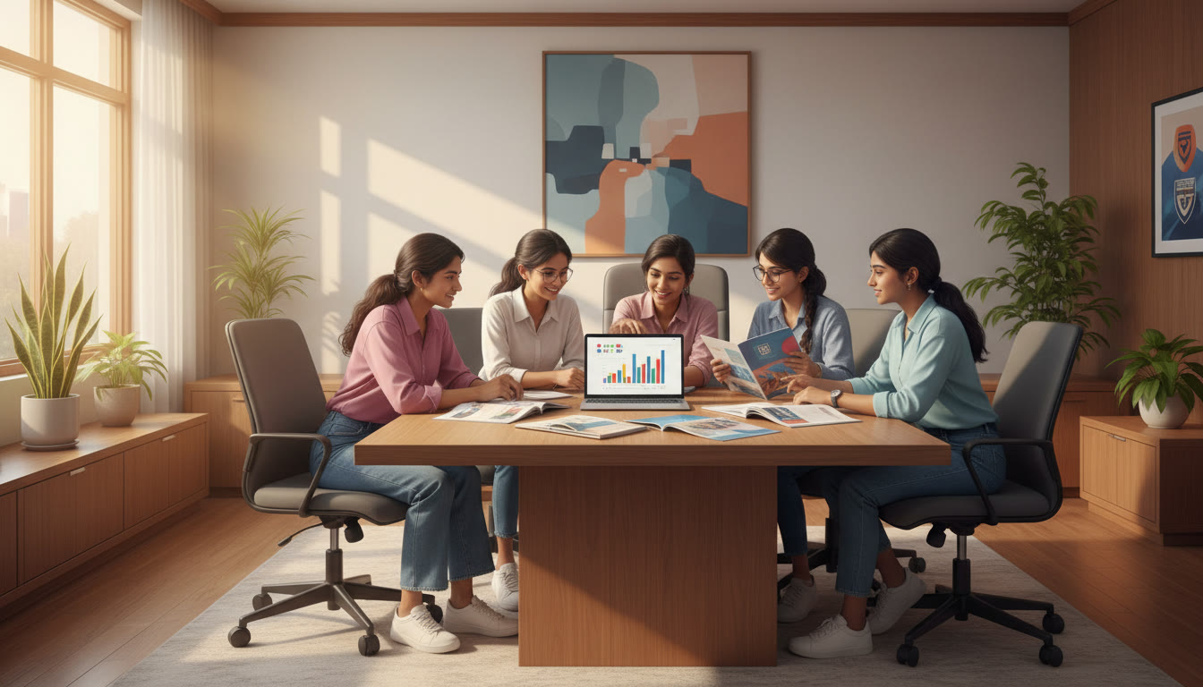 Photo Idea : Students in a counselling hall comparing college brochures and checking their rank on a laptop