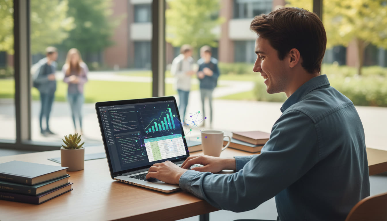 Photo Idea : A focused student coding on a laptop with a graph and datasets visible on screen