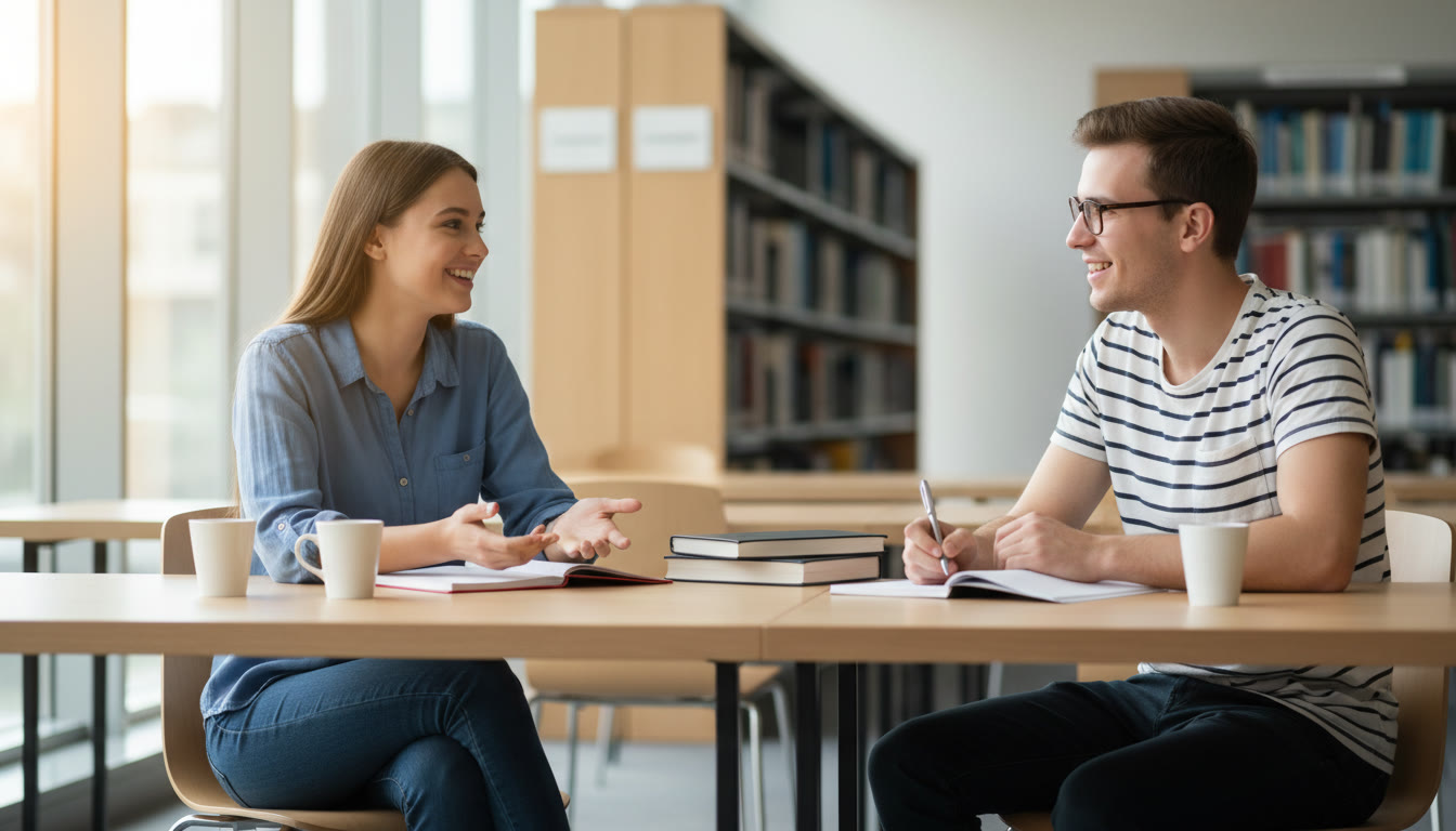 Photo Idea : two students in a mock interview setting with one taking notes and the other speaking