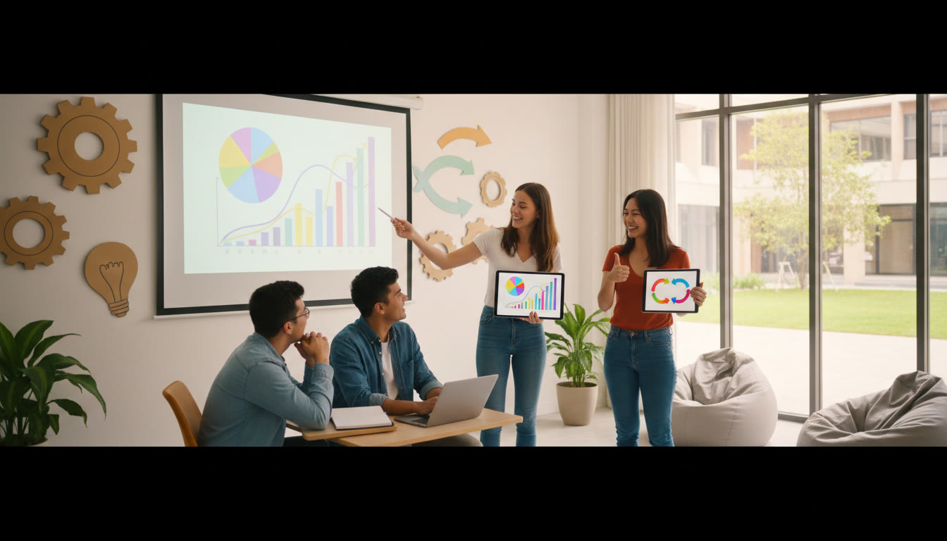 Photo Idea : Student presenting a group project with charts and team members