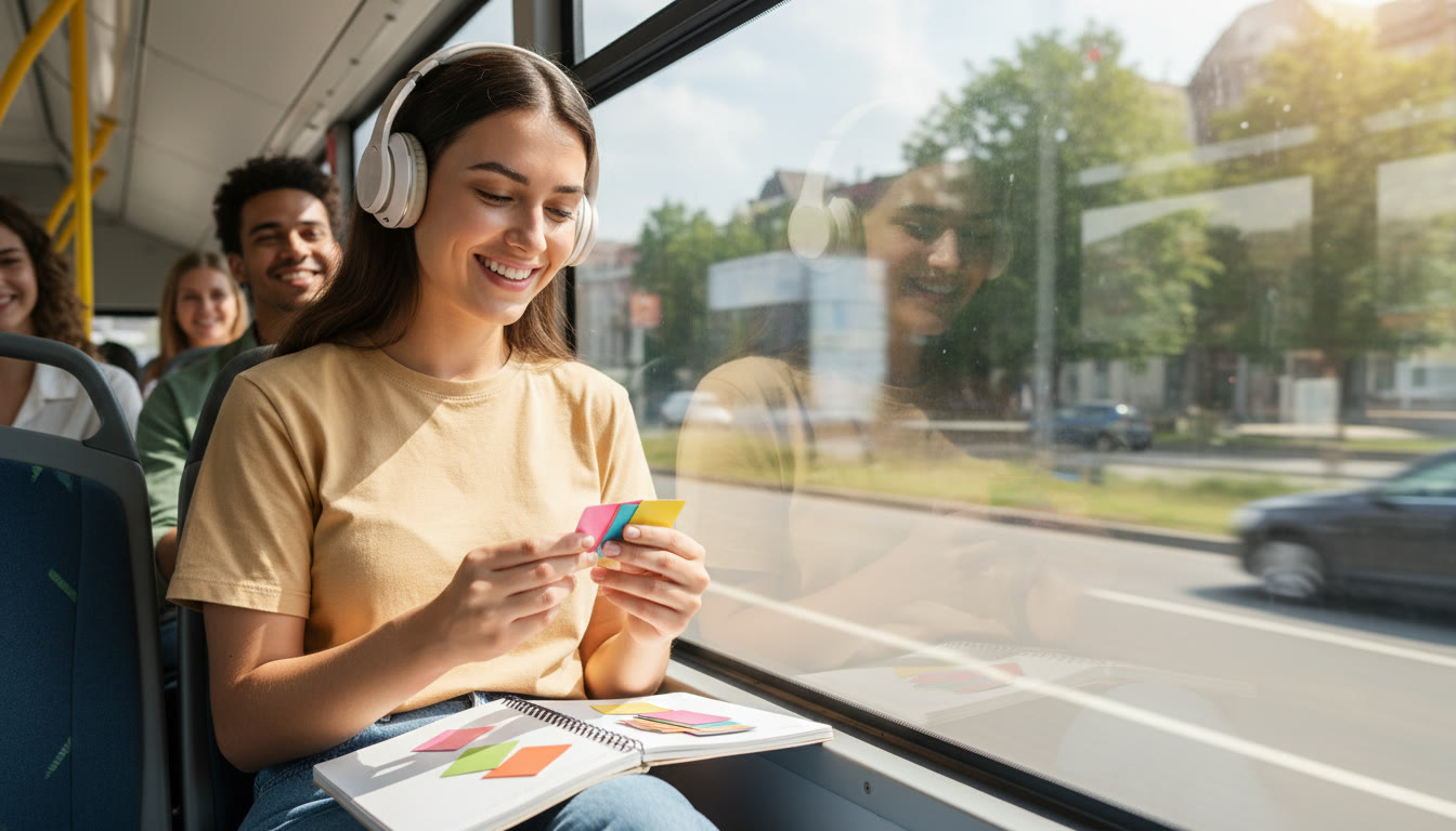 Photo Idea : Student on a bus with a notebook and earphones reviewing flashcards