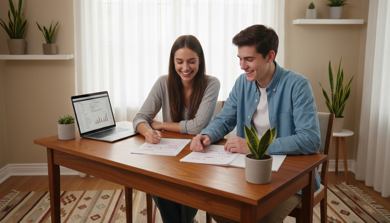 Photo Idea : Tutor and student sitting side-by-side reviewing a marked sample paper with a laptop open