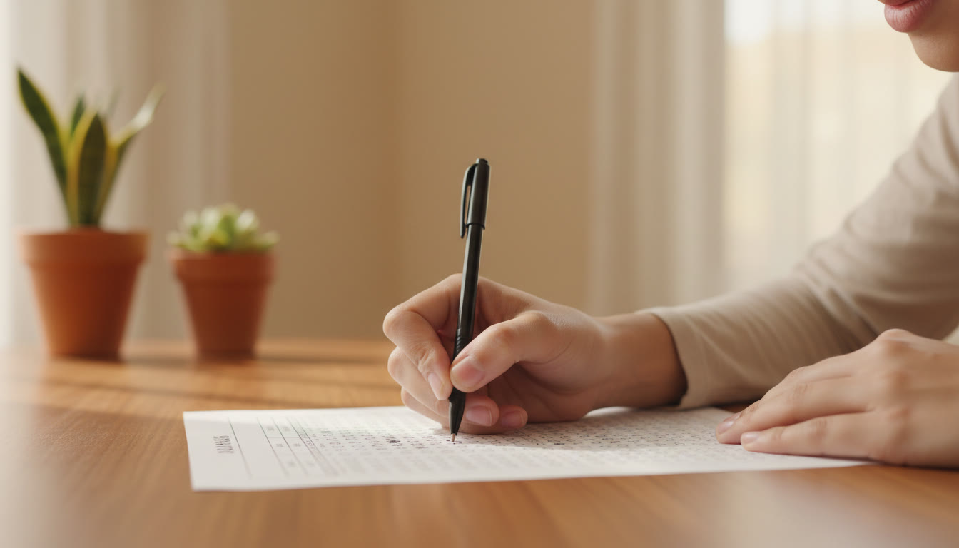 Photo Idea : Close-up of a student marking bubbles on an OMR sheet with a pen and a focused expression