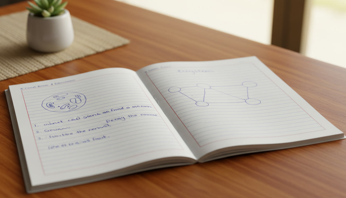 Photo Idea : Close-up of a neatly written answer booklet with diagrams and numbered steps