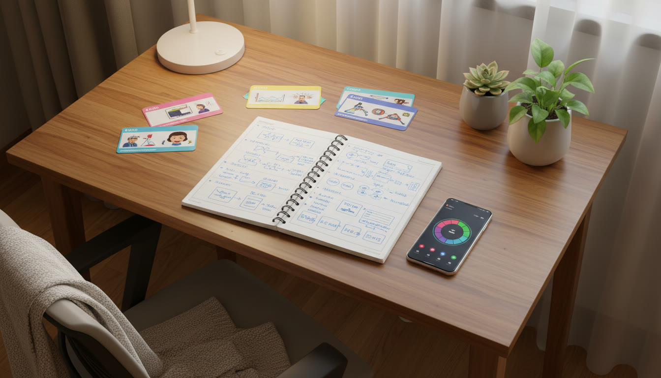 Photo Idea : Overhead view of a student’s revision table with flashcards, a notebook of short summaries and a time-tracking app on a phone