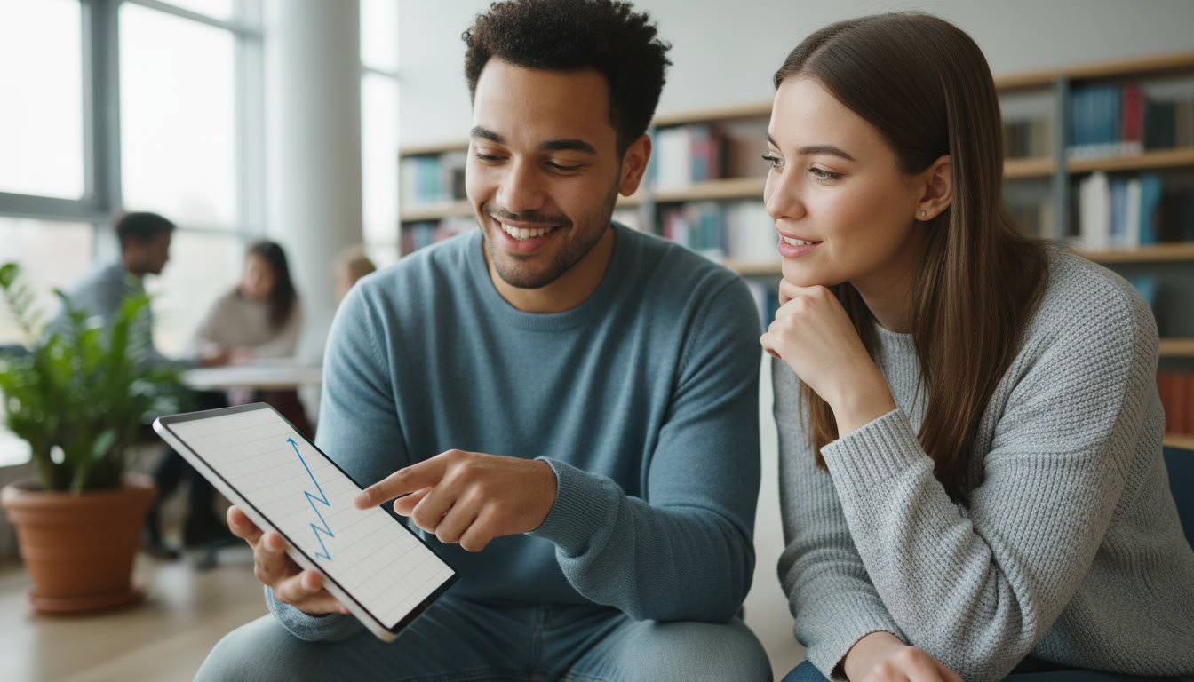 Photo Idea : Close-up of a student pointing to a line graph on a tablet while another student listens