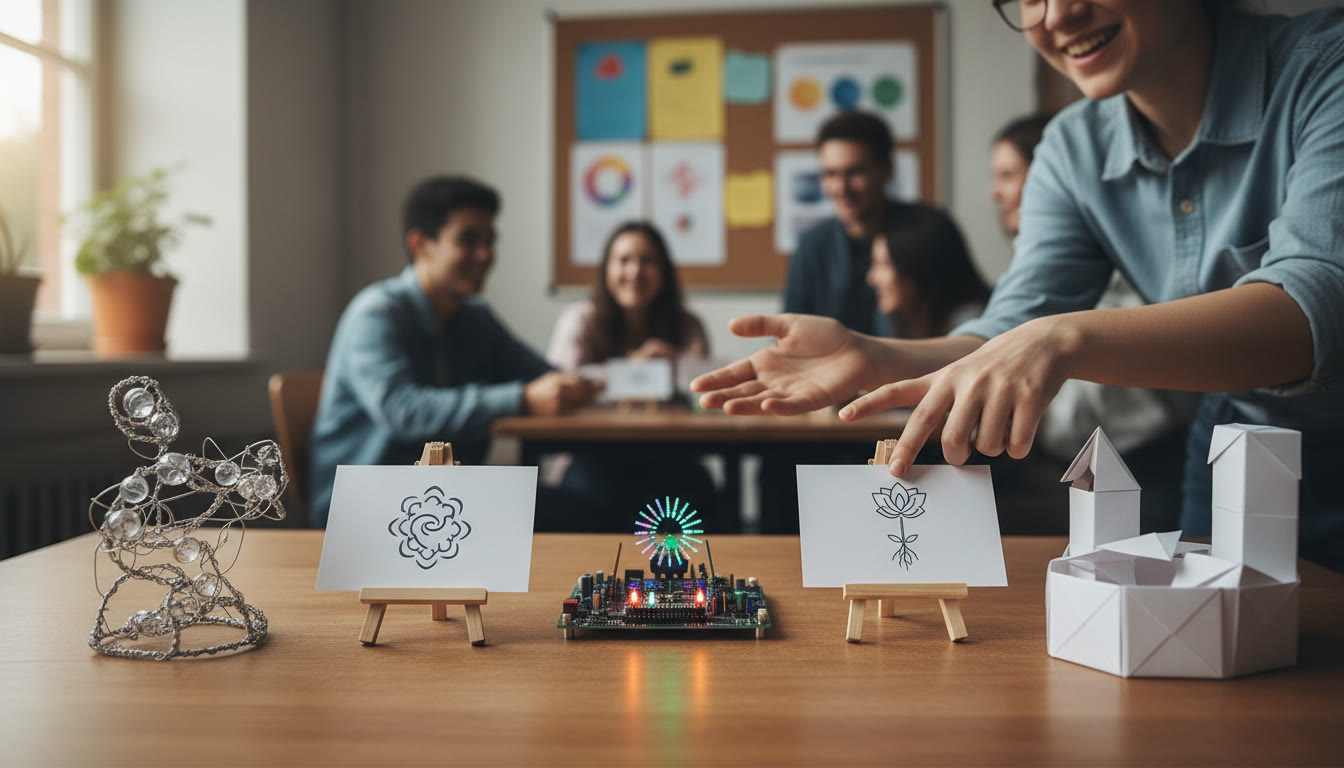 Photo Idea : Close-up of a table with three labeled objects and concise exhibition cards, hands gesturing as if explaining