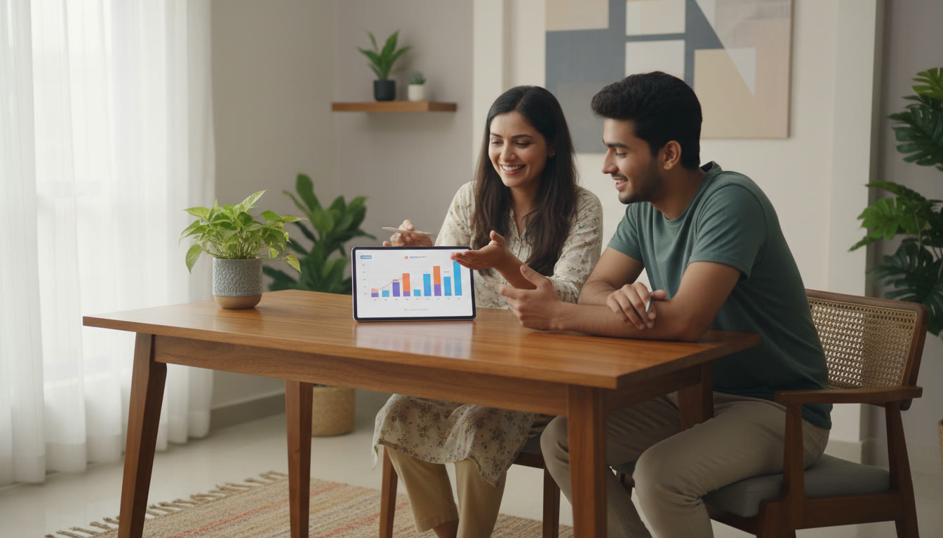 Photo Idea : Tutor and student reviewing mock-test performance chart on a tablet