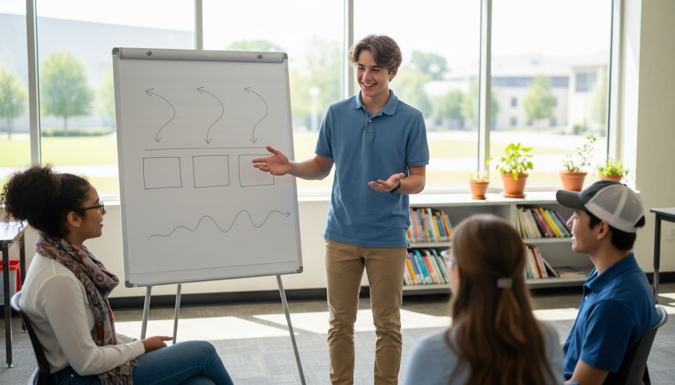Photo Idea : A student presenting a community project with a small group and a whiteboard showing a timeline
