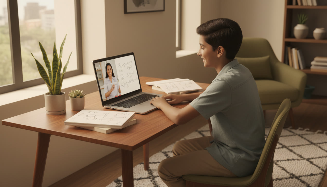 Photo Idea : A student in a study nook looking at a laptop with a virtual tutoring session on the screen and notebooks around