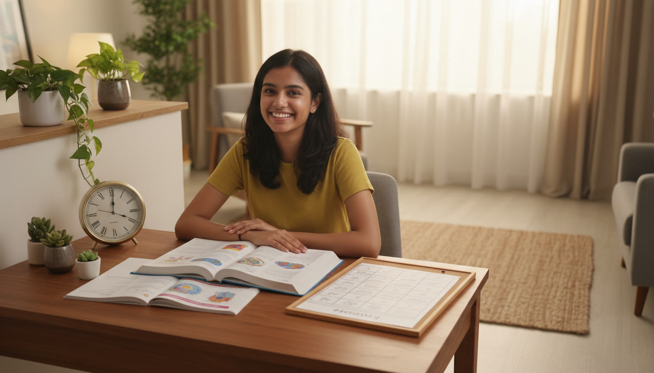Photo Idea : Student at a study desk with open science books, a clock, and a neat handwritten revision timetable