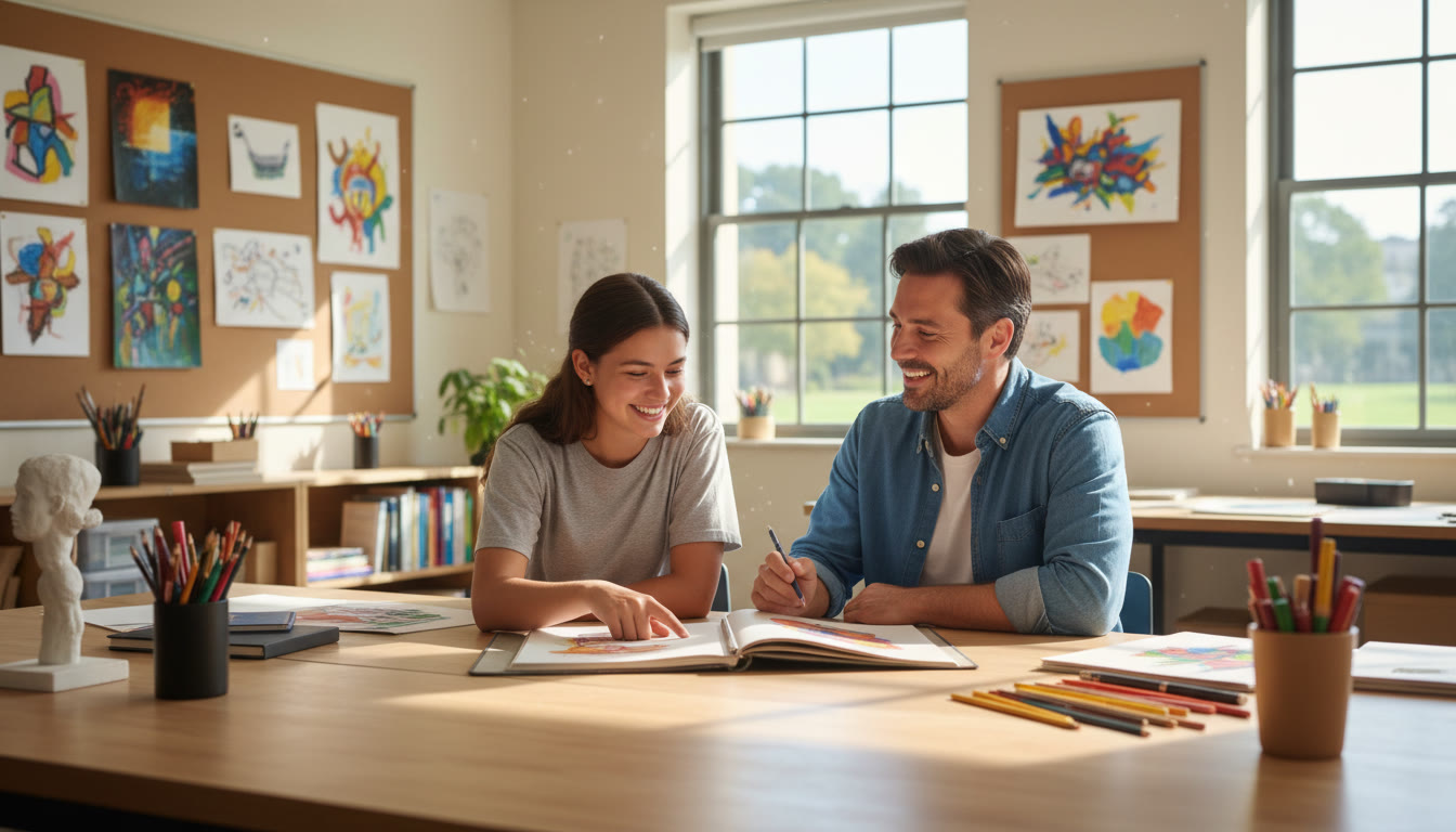 Photo Idea : A student and teacher reviewing a portfolio in a bright classroom