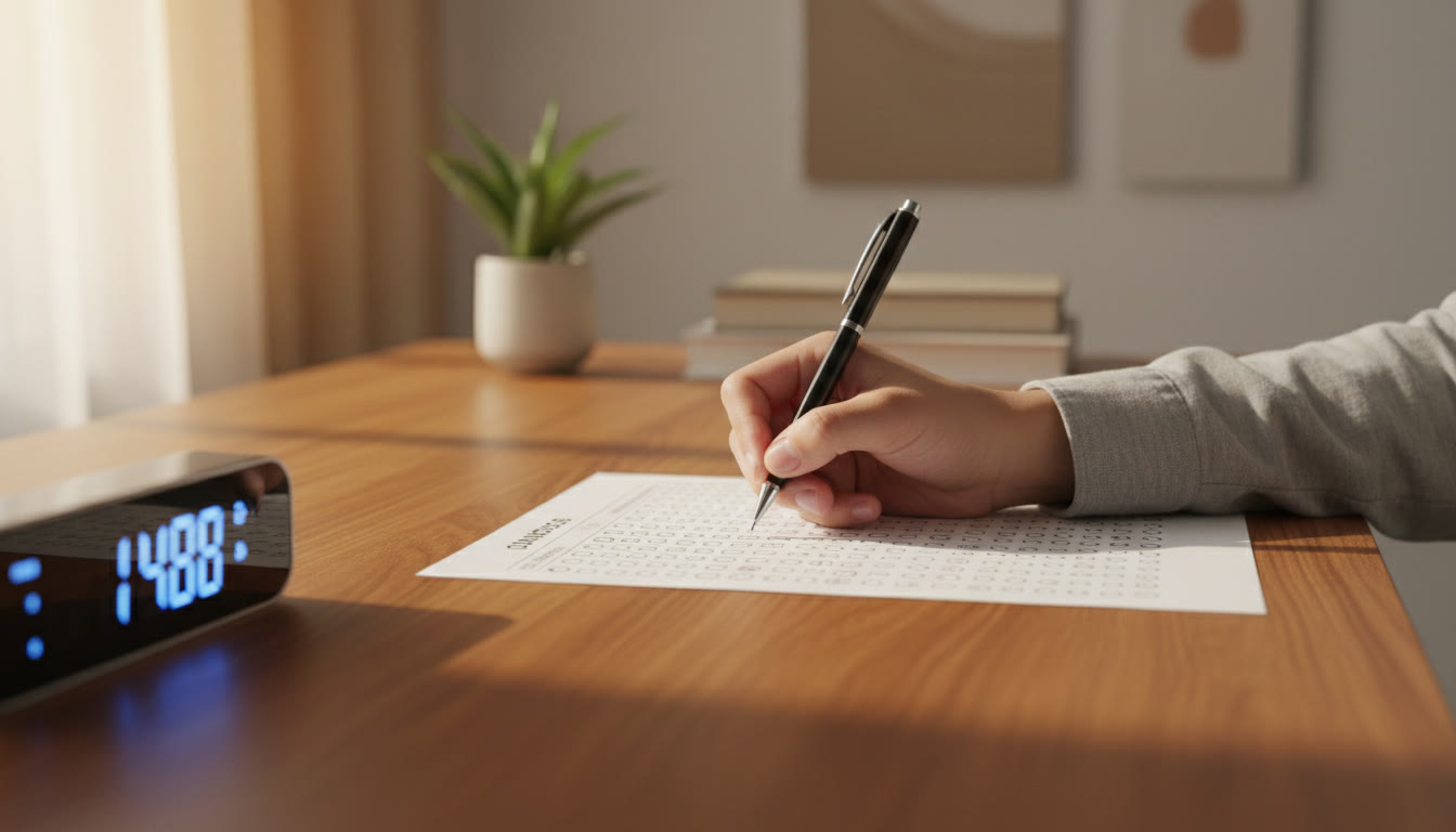 Photo Idea : Close-up of a student’s hand filling bubbles on an OMR sheet with a focused timer visible