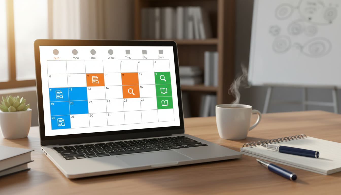 Photo Idea : Open laptop showing a calendar with colored blocks for IA, EE, and TOK tasks and a pen resting nearby