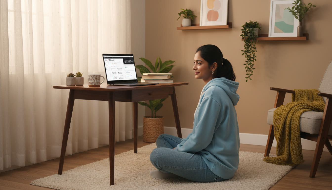 Photo Idea : A student taking a full-length mock test on a laptop in a quiet study corner, with a timer visible on screen