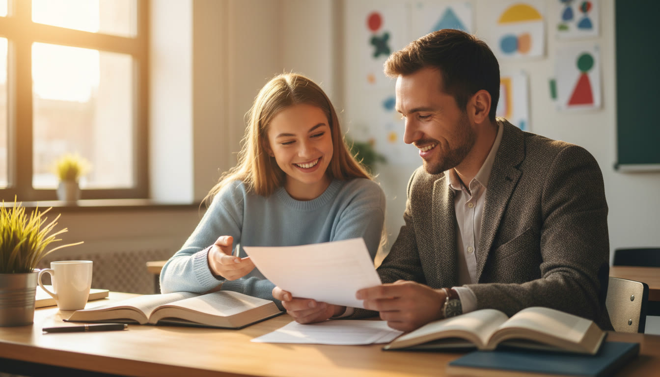 Photo Idea : student and teacher discussing a recommendation note at a desk, warm natural light