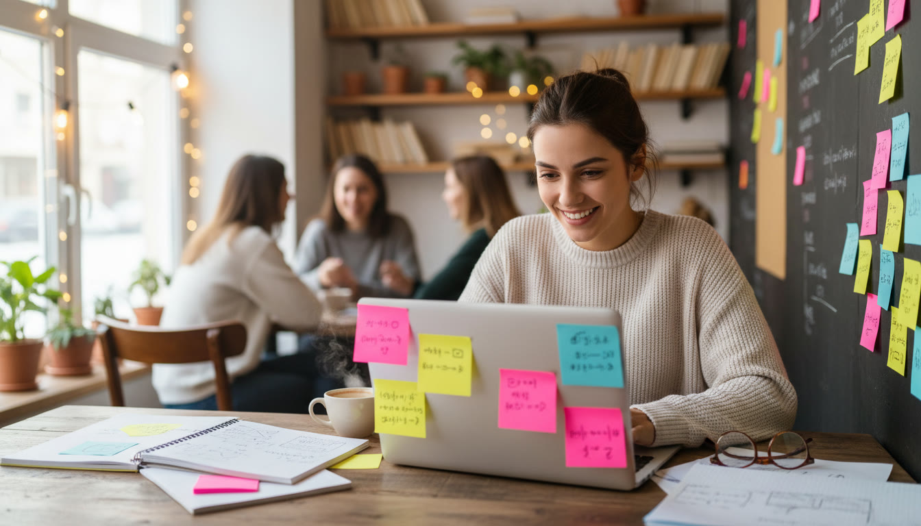 Photo Idea : Student coding on a laptop in a cozy café, surrounded by notebooks and sticky notes