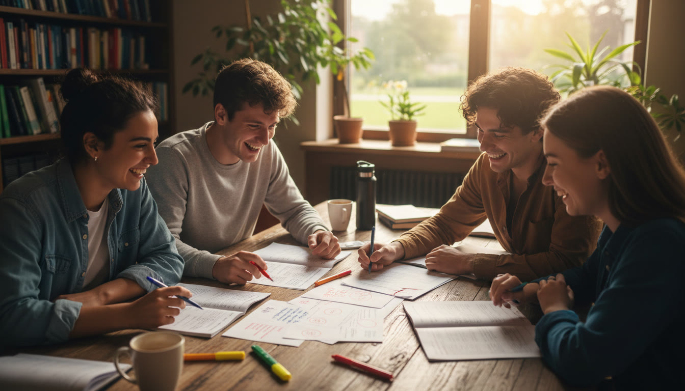 Photo Idea : a small group of students discussing answers around a table with annotated past papers