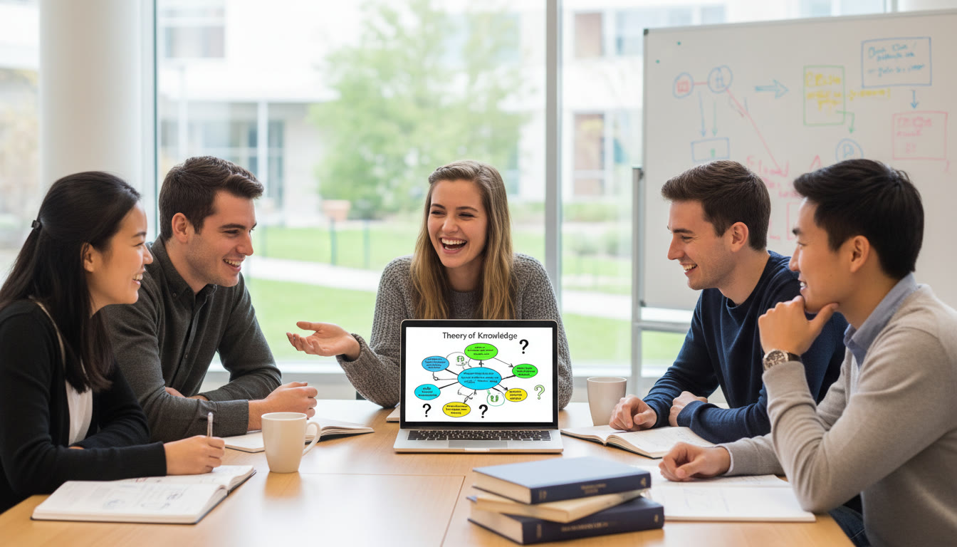 Photo Idea : A student presenting a TOK idea on a laptop during a small group discussion