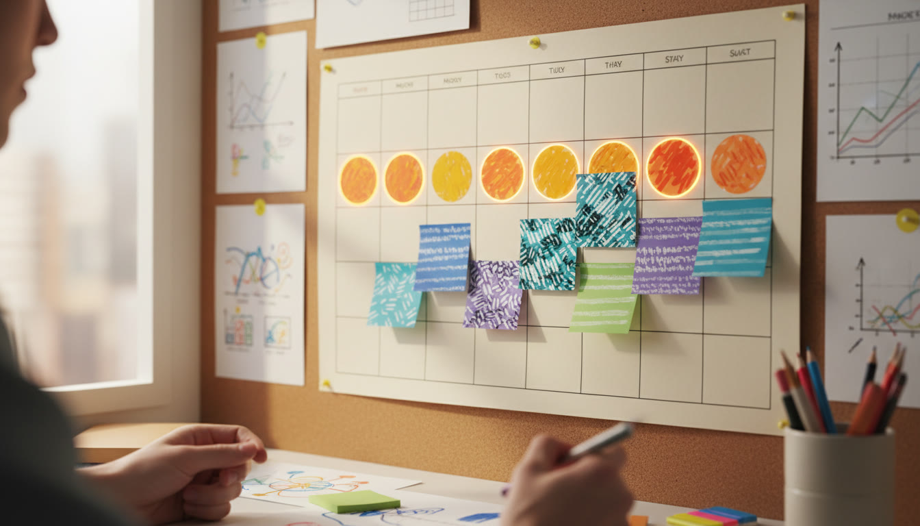 Photo Idea : A wall calendar with 14 highlighted days and sticky notes showing study blocks