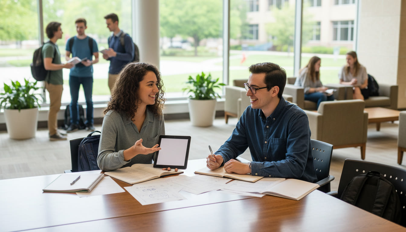 Photo Idea : Two students rehearsing an interview in a campus common area with notes visible