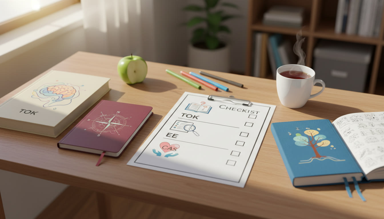 Photo Idea : checklist laid out on a desk with IB materials (TOK book, EE notebook, CAS journal)