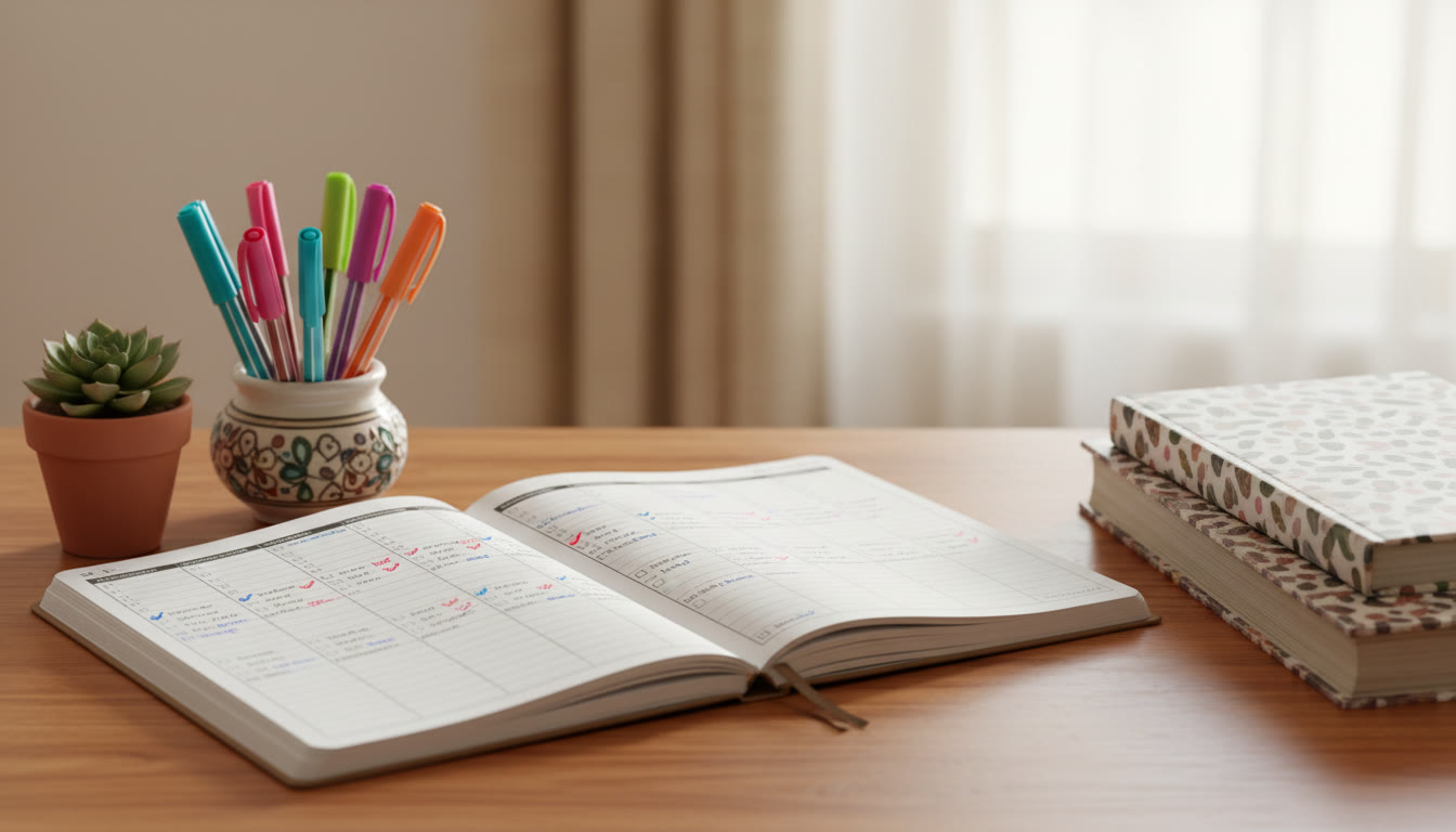 Photo Idea : Close-up of neatly organized study planner with checked boxes and colored pens