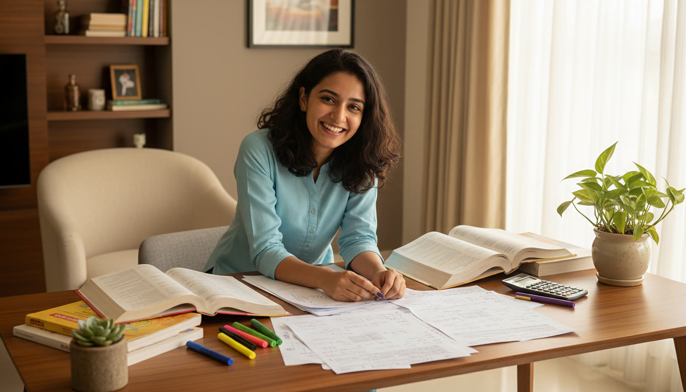 Photo Idea : student at desk analyzing mock chemistry papers with open textbooks and colored pens