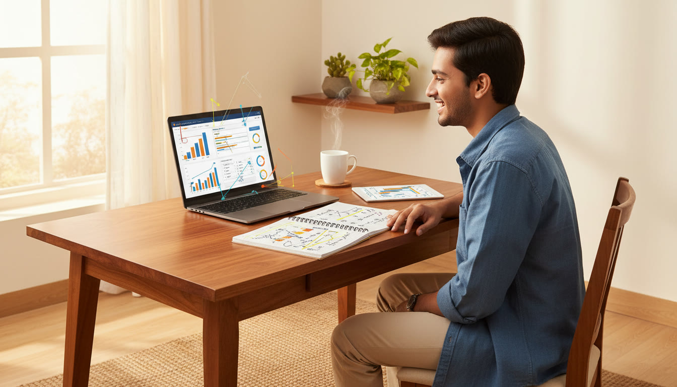 Photo Idea : Student at a tidy desk, laptop showing a full-length mock test screen, notebook open with neatly highlighted formulas