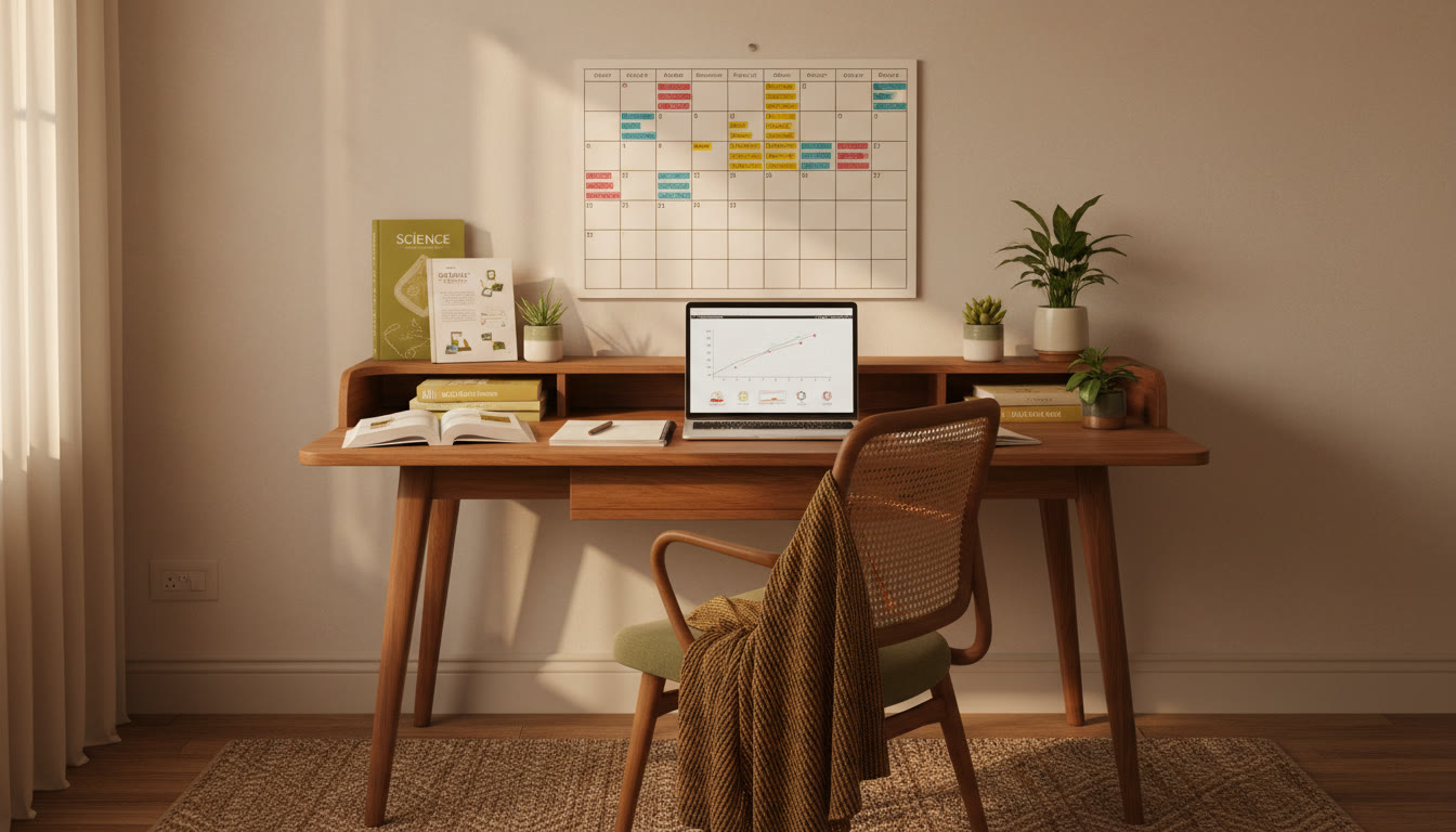 Photo Idea : Student at a desk with open science textbooks, notebook and laptop, a calendar showing a study schedule