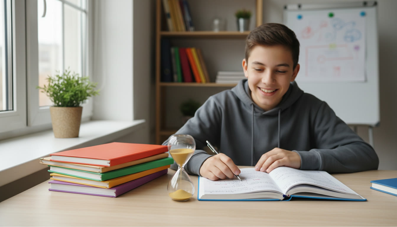 Photo Idea : A student doing a timed study session with a small sand timer and a notebook open