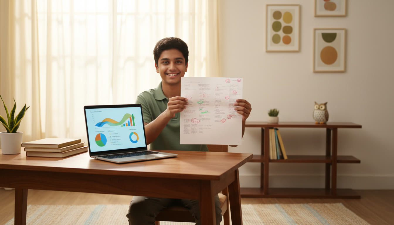 Photo Idea : A student reviewing a large sheet of marked test paper with a laptop showing test analytics