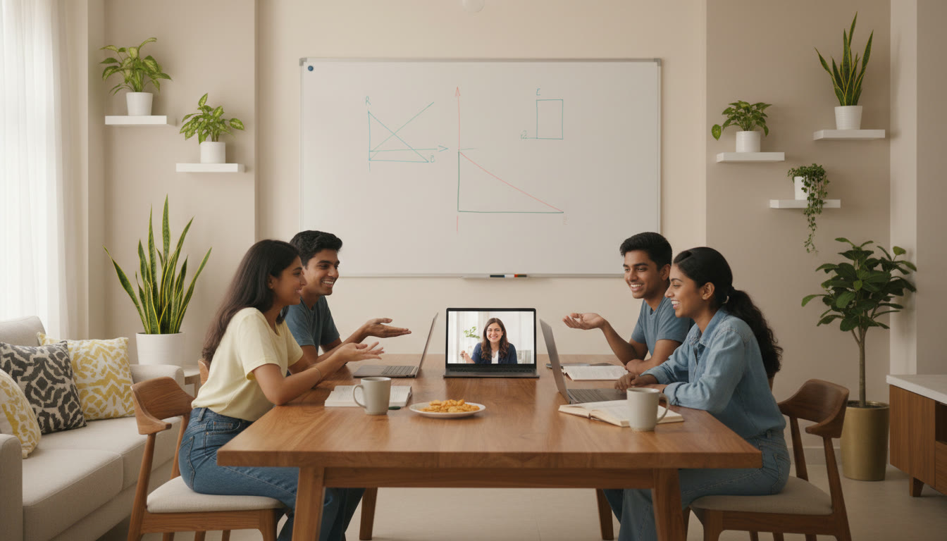 Photo Idea : Student group on video call with tutor, whiteboard in background