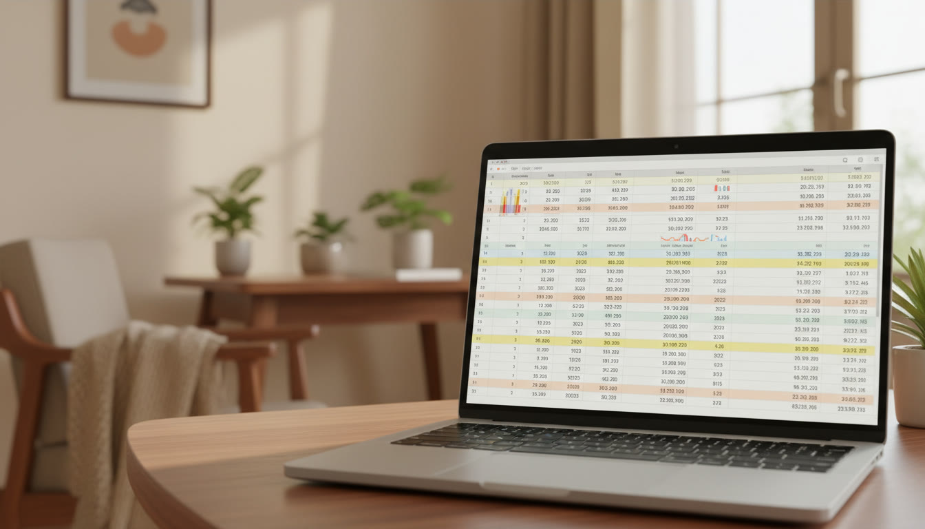Photo Idea : Close-up of a laptop screen showing a mock analysis spreadsheet with highlighted rows