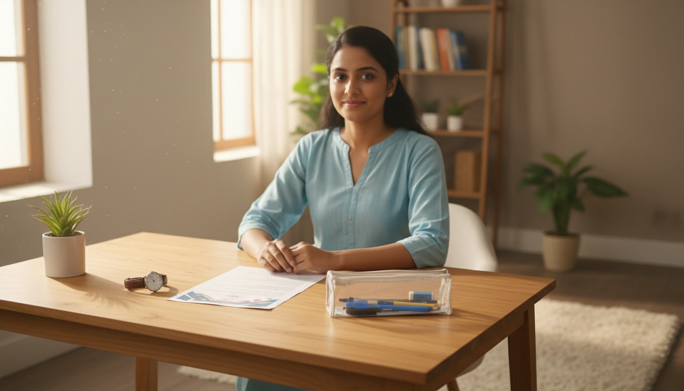 Photo Idea : Neatly organized exam-day table with a wristwatch, admit card, stationery, and a calm student