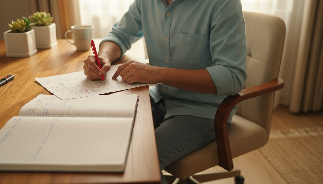 Photo Idea : Close-up of a student marking a mock test paper with a red pen and a neat error log beside it
