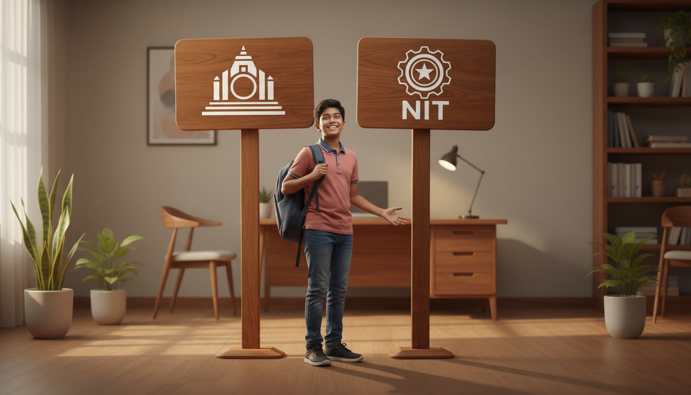 Photo Idea : Student standing at a forked path with two campus signboards reading IIT and NIT