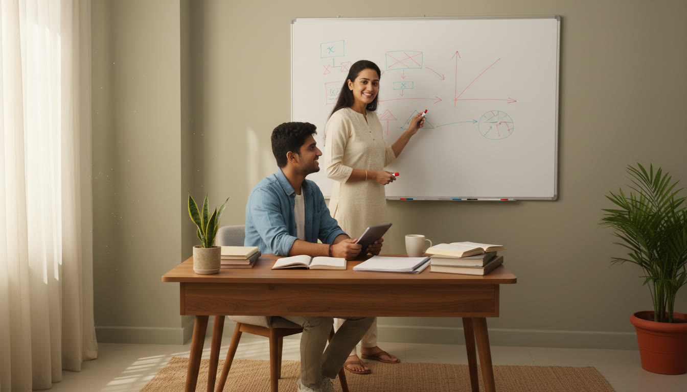 Photo Idea : A tutor guiding a student through a mock test analysis on a whiteboard