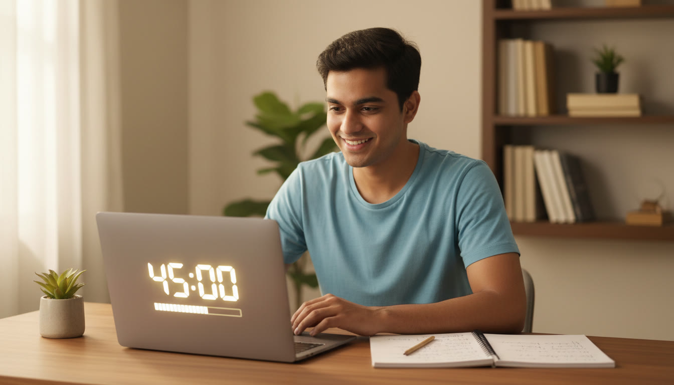 Photo Idea : Student taking a timed mock on a laptop with a visible countdown timer and notes beside