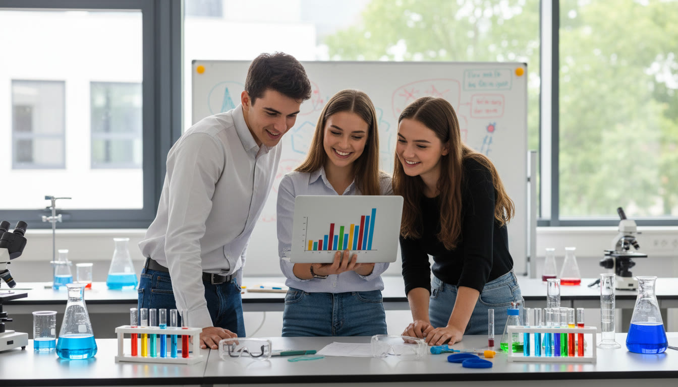 Photo Idea : A student presenting lab results on a laptop to peers during a CAS science outreach session
